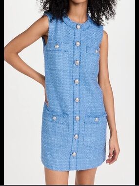 Veronica Beard Sky Blue Tweed Sleeveless Button-Front Mini Dress